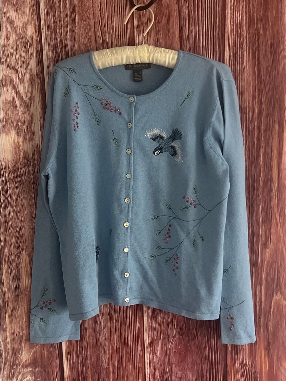 Vintage Northen Isles Blue Embroidered Bird Button-Front Sweater